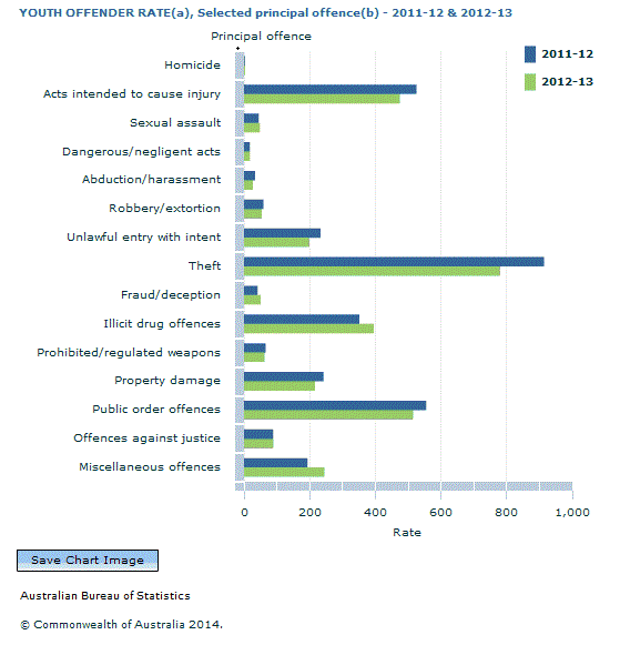 Graph Image for YOUTH OFFENDER RATE(a), Selected principal offence(b) - 2011-12 and 2012-13